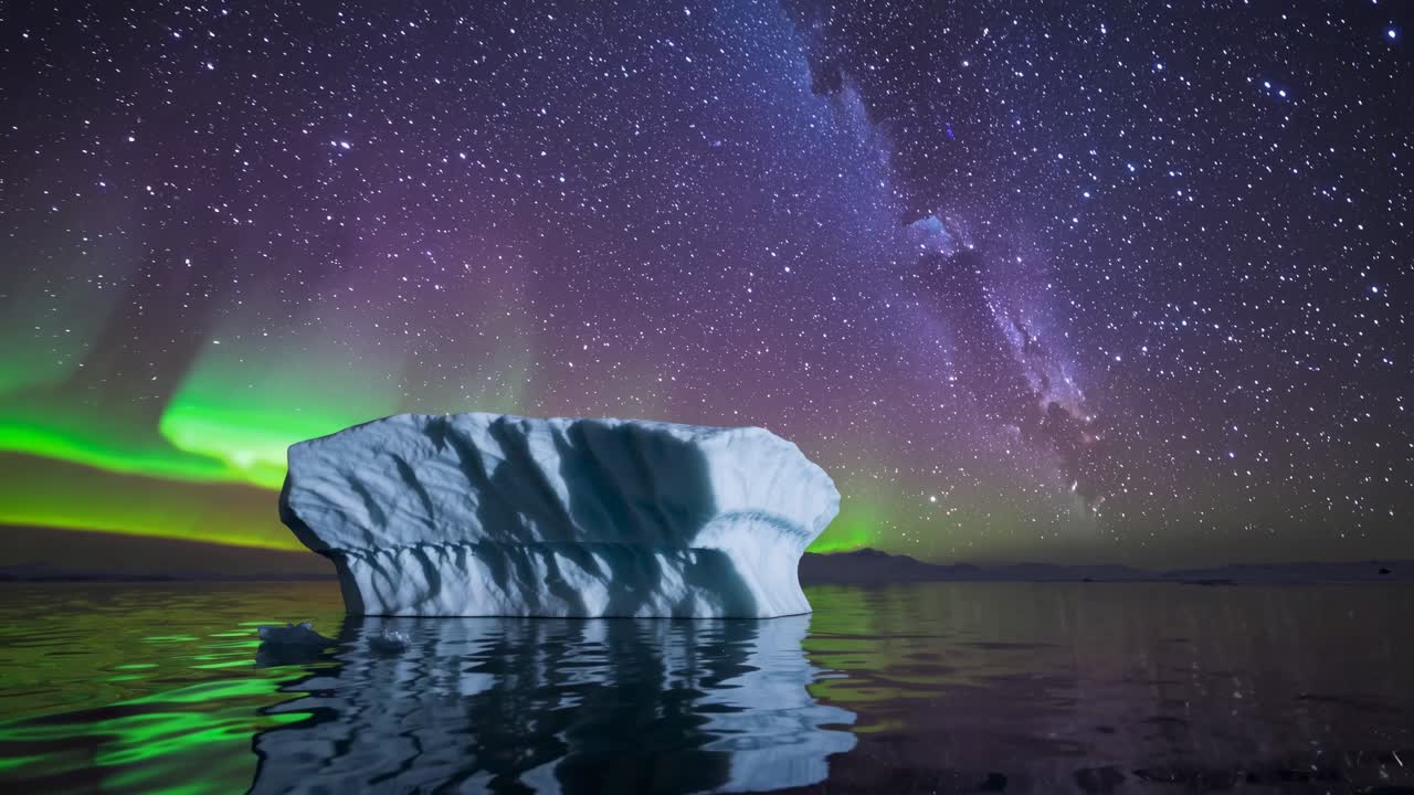 Iceberg Illuminated by Aurora and Milky Way