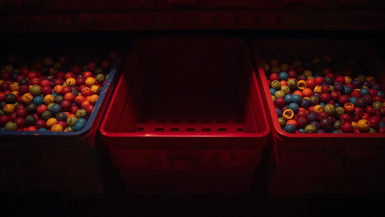 Starting wide shot, camera holding empty red bin on dimly lit shelf, showcasing colorful spheres