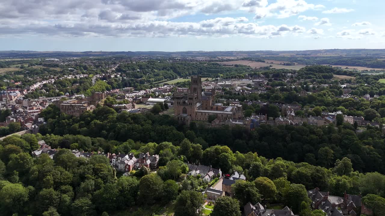 Aerial drone view of durham town city north east england uk cathedral university