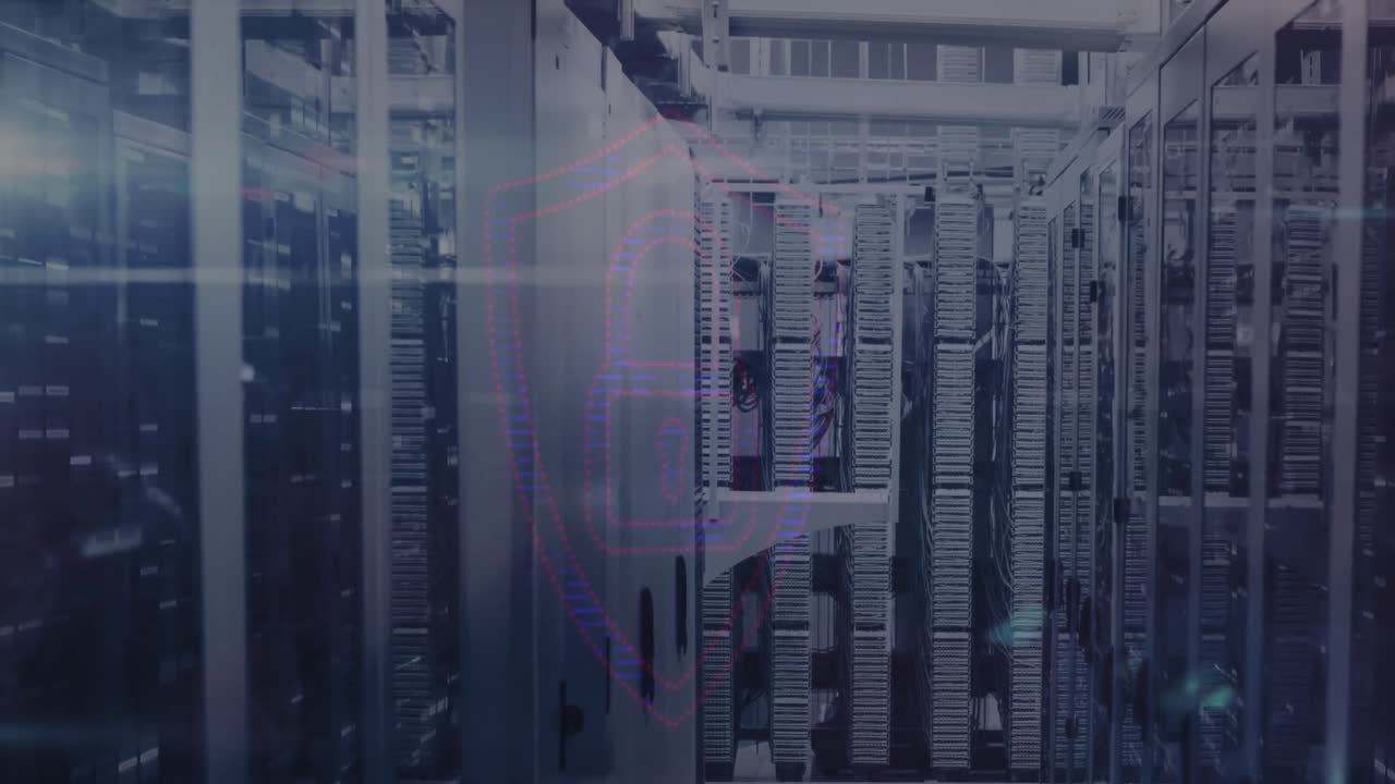 Animation of data processing and padlock icon over server room