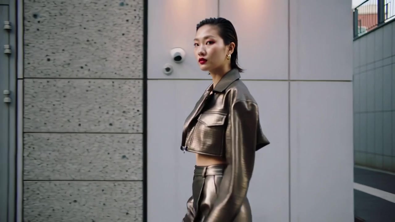 Entering from left, Asian model walking to camera in alley, modeling metallic jacket and earrings