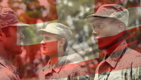 animation of flag of switzerland over diverse male soldiers