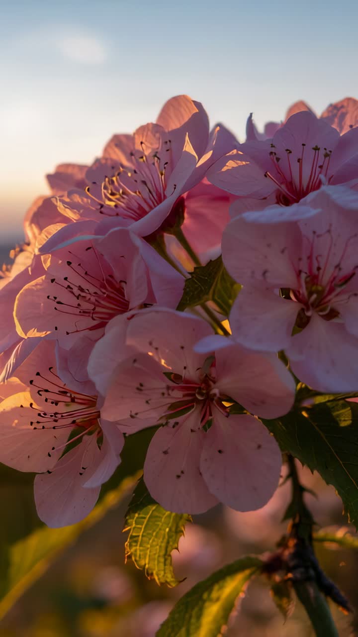 Video verticale: gruppo di fiori rosa che si sposta verticalmente e si avvicina in un giardino, catturando la luce solare da un angolo basso