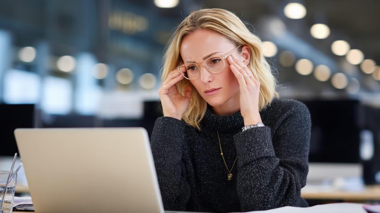 Eine berufstätige Frau an ihrem Arbeitsplatz erlebt Stress und Frustration bei der Arbeit an einem Laptop, was die Herausforderungen der modernen Work-Life-Balance und Konzentration verdeutlicht.