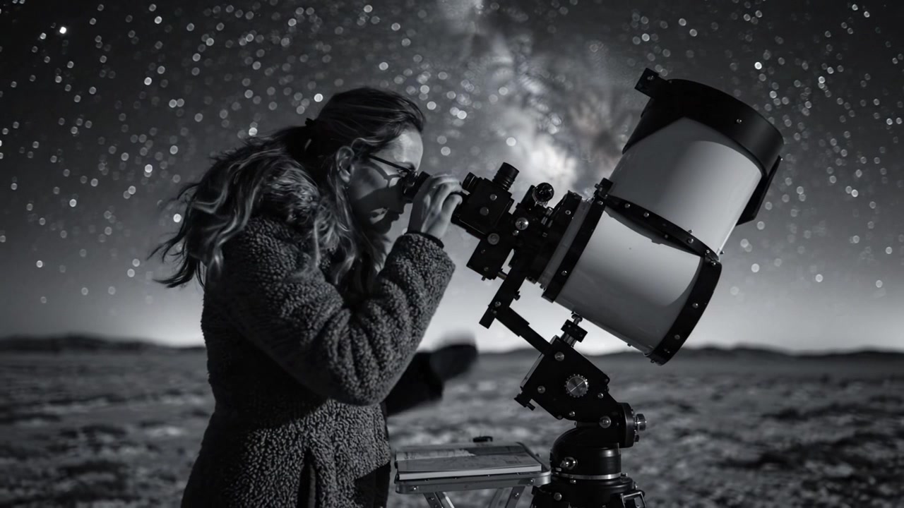 En kvinne stjernekikker gjennom et teleskop, opplyst av stjerner, fordypet i astrofotografering under en vidstrakt nattehimmel full av stjerner og kosmiske underverker.