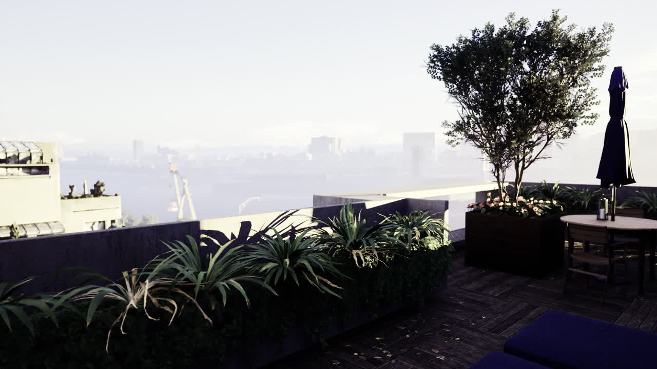 View from a rooftop terrace with greenery and distant skyline in morning fog