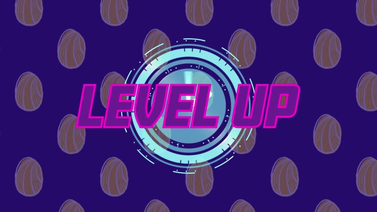 Animation of level up text over scope scanning and egg icons on blue background