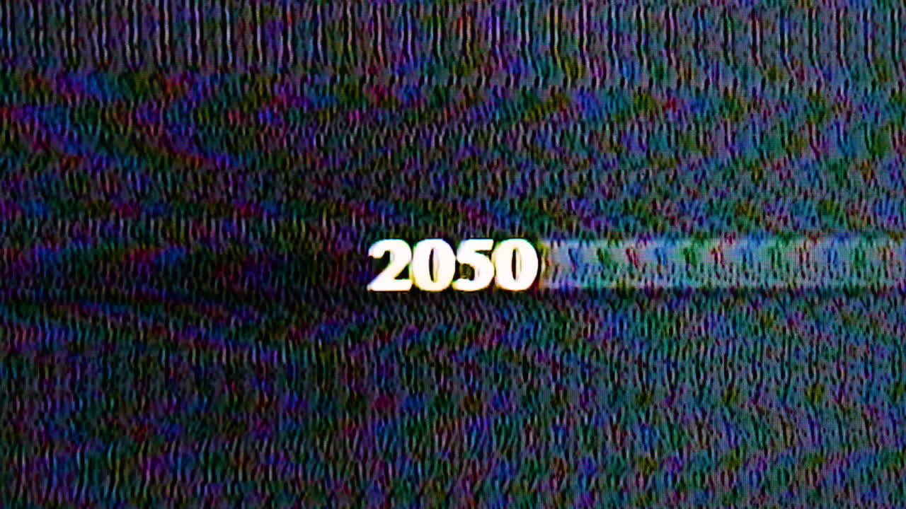 2050 pixel de glitch blanco extremo arrastrándose a través de un fondo oscuro con líneas a rayas