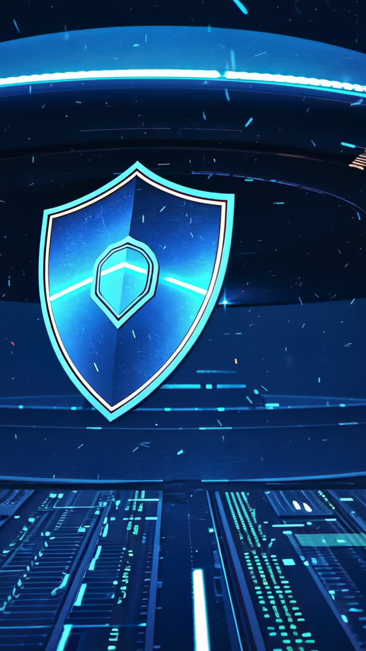 Vertical video: Shield icon pulsing in grid on loop start, with neon ring, light beam and particles