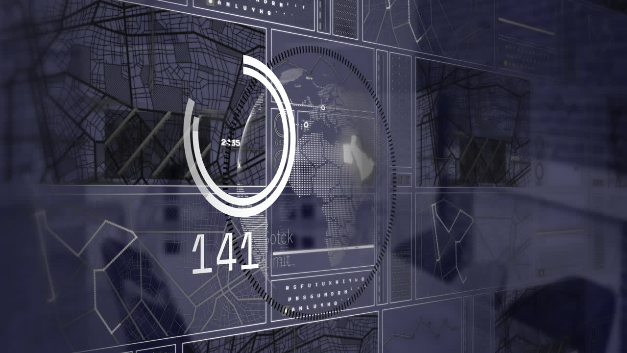 Animation of data processing and diagrams over globe and office