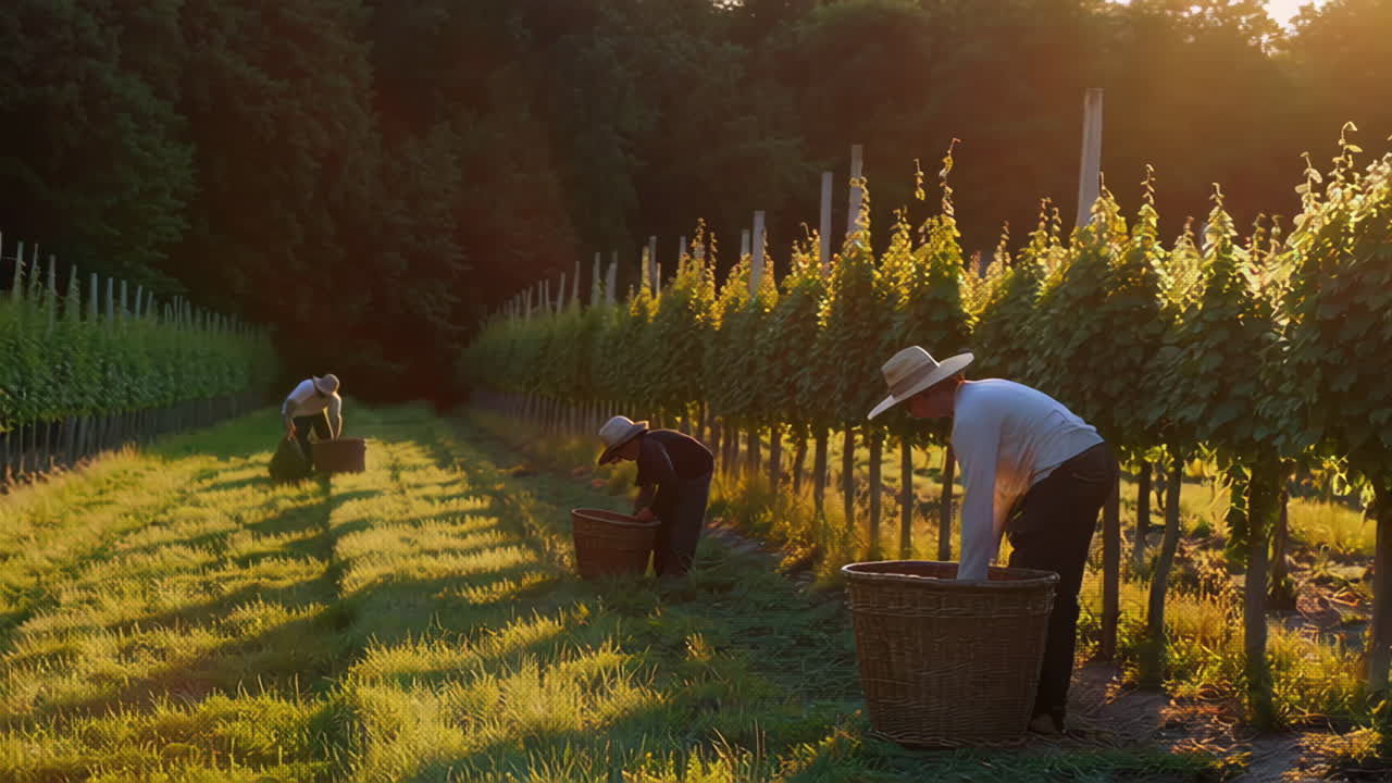 Harvesting Grapes in a Vineyard at Sunset