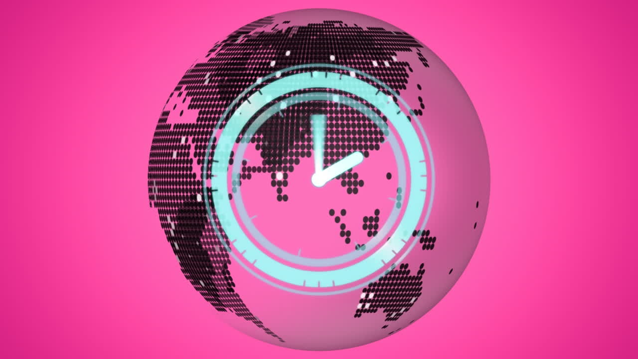 분홍색 배경 위에서 회전하는 지구에 손을 돌리는 시계의 애니메이션