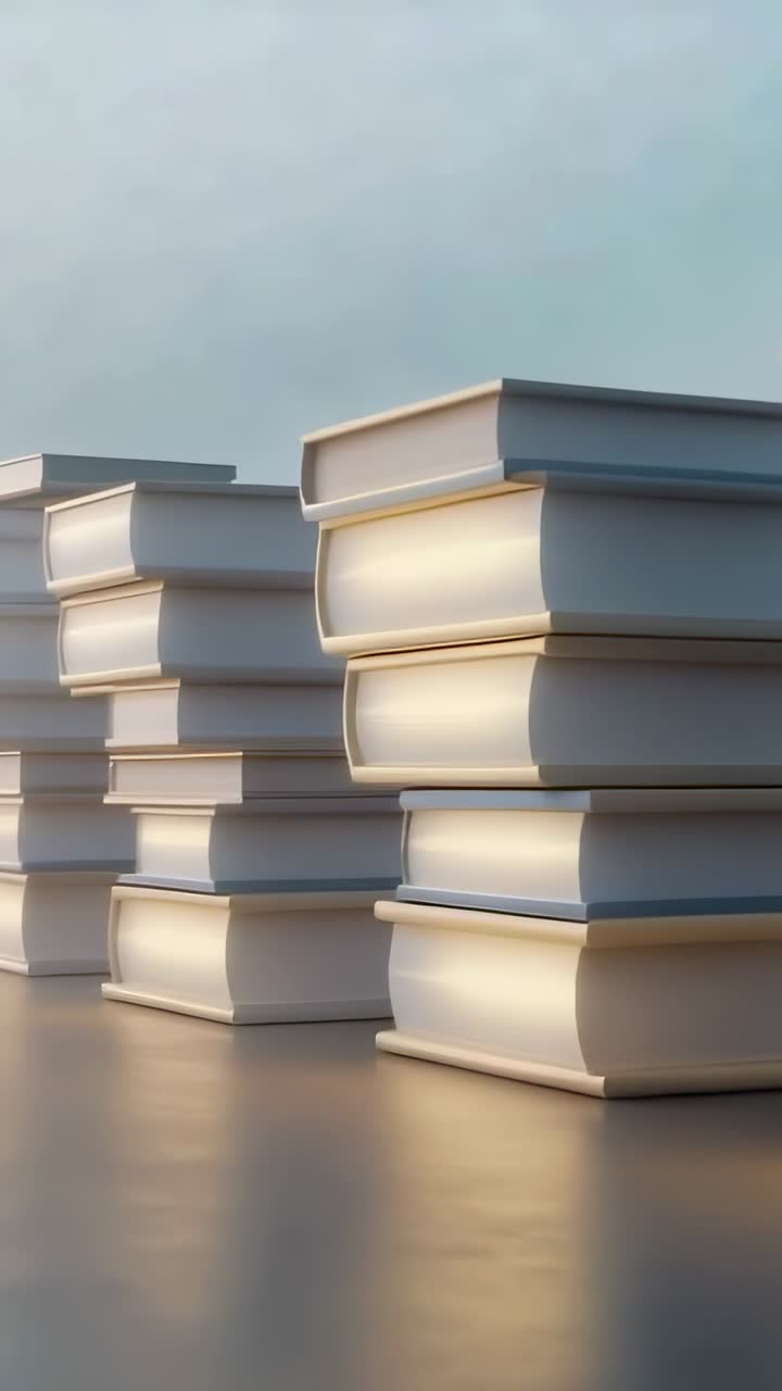 Vertical video: Panning camera revealing hardcover book stacks on glossy table, showing full span