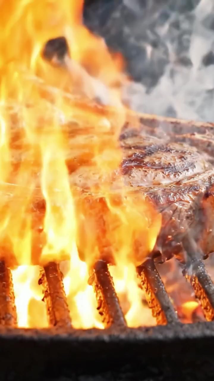Una bistecca Tomahawk perfettamente grigliata sulla griglia con fiamme fumose e segni di carbonizzazione, che evidenzia l'arte della maestria del barbecue e la delizia culinaria.