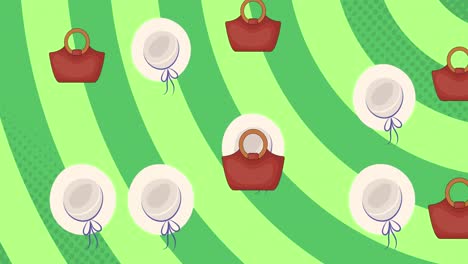 animación de bolsas y sombreros que caen sobre rayas de fondo