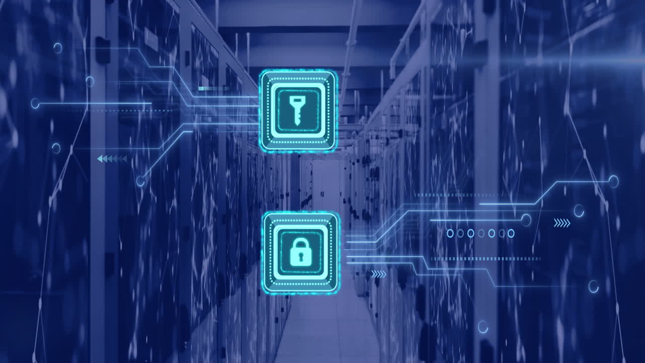 animación del icono de la llave y el candado y procesamiento de datos a través de servidores informáticos