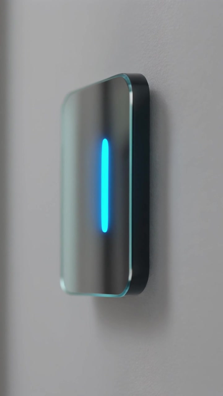 Square black glass smart touch switch on grey wall with vertical blue LED light bar