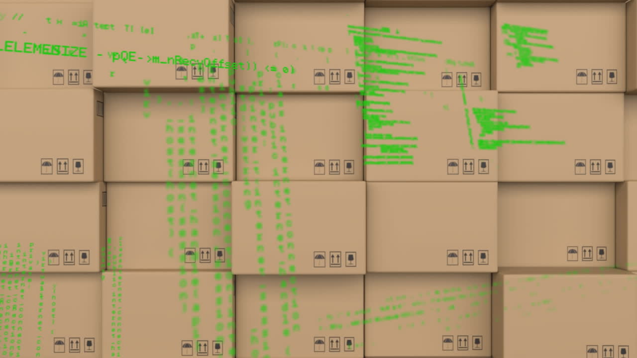 animación del procesamiento de datos sobre una pila de cajas de cartón