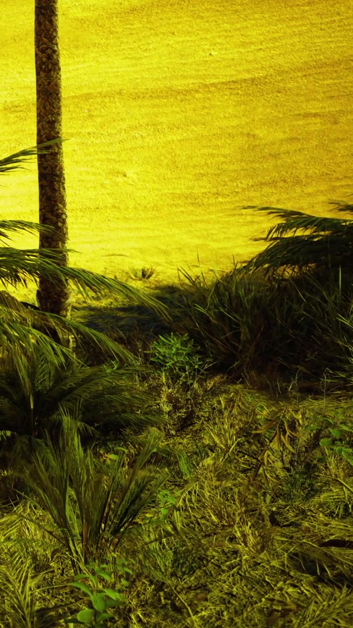 Paesaggio desertico con palme sotto la luce solare intensa durante il giorno.