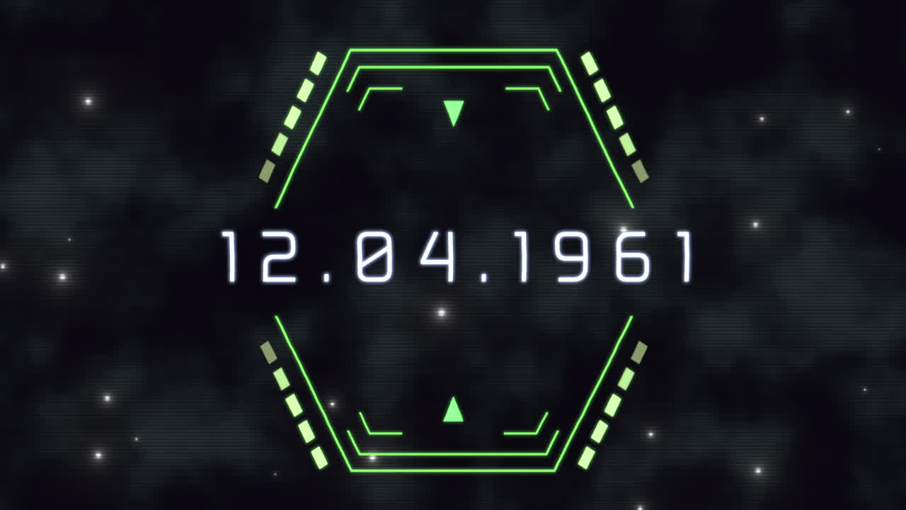 Futuristic neon sign for 12.04.1961 text with bright green lights on a grid background