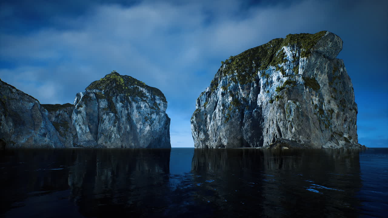 Majestic coastal cliffs reflecting on calm waters at dusk