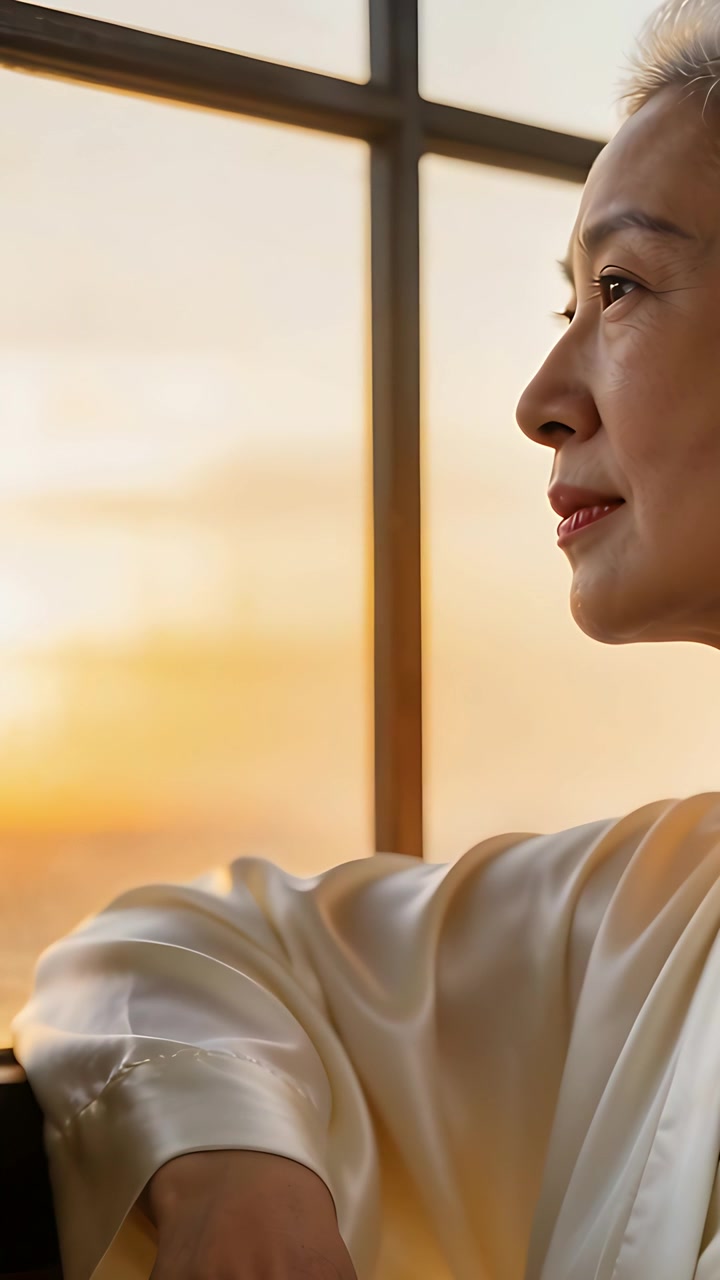 Vertical video: Sitting lady turning, smiling as dusk glowing on paned sill robe flare, copy space