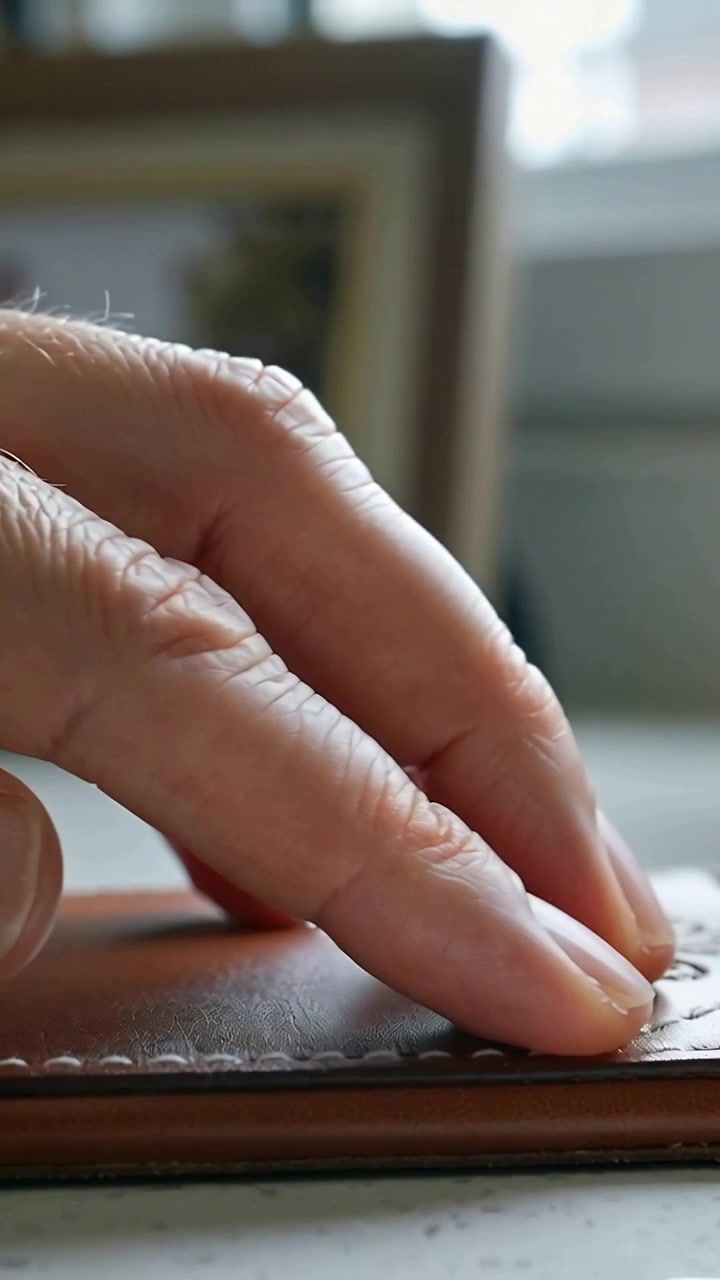Vertikales Video: Berühren einer gealterten Hand lässt Finger über genähtes Leder auf dem Schreibtisch gleiten.