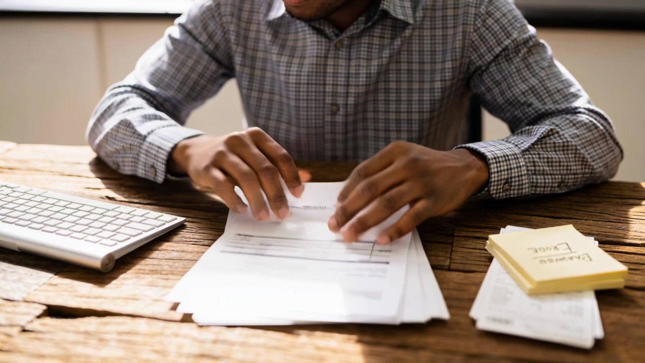 Lifting sheet, man in grey shirt reviewing documents, entering data at wooden desk with keyboard