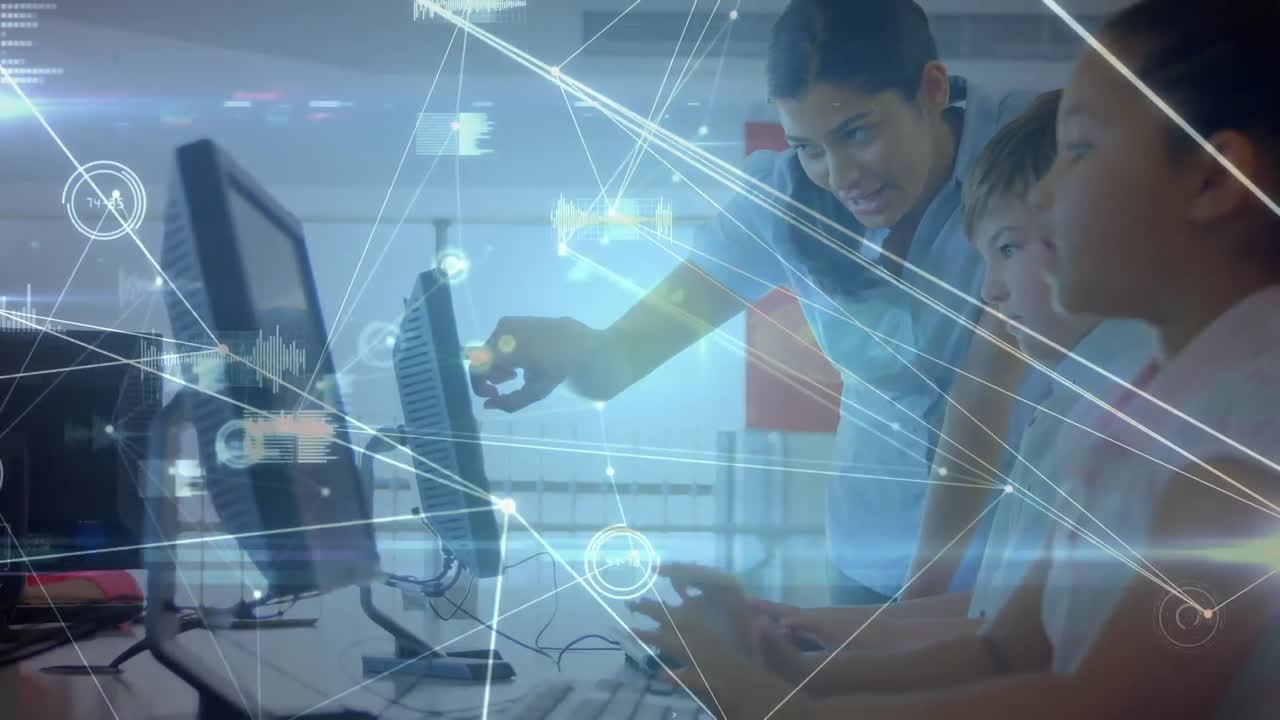 animación de la red de conexiones con procesamiento de datos sobre niños en edad escolar que utilizan computadoras.