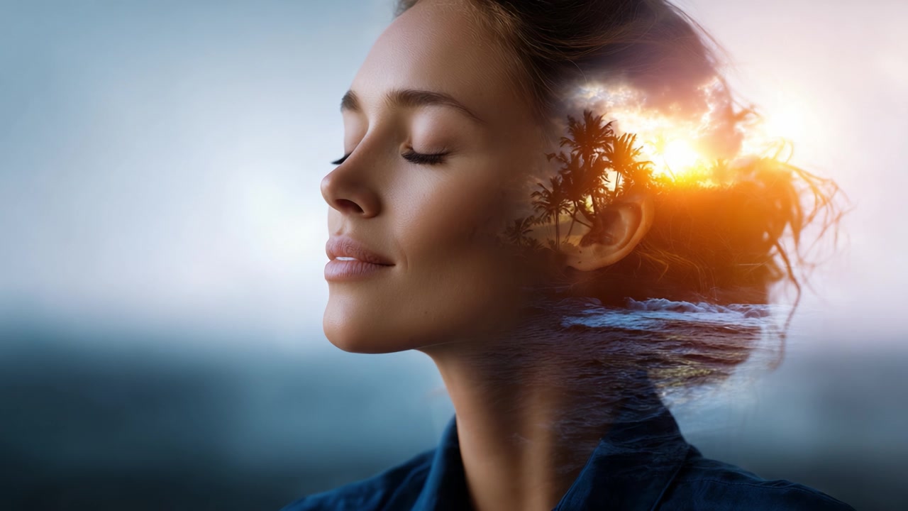 Un perfil sereno de una mujer con una superposición artística de un atardecer tropical y el océano, capturando la esencia de la calma, la belleza y la naturaleza en una composición de ensueño.