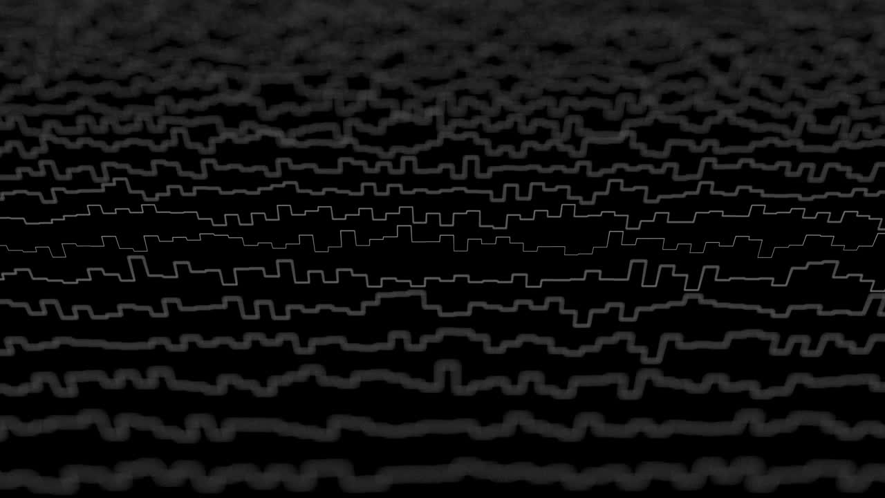 líneas blancas que forman una visualización de campo distorsionada en fondo negro. bucle de animación 3d abstract cg, vista lateral, efecto de profundidad de campo.
