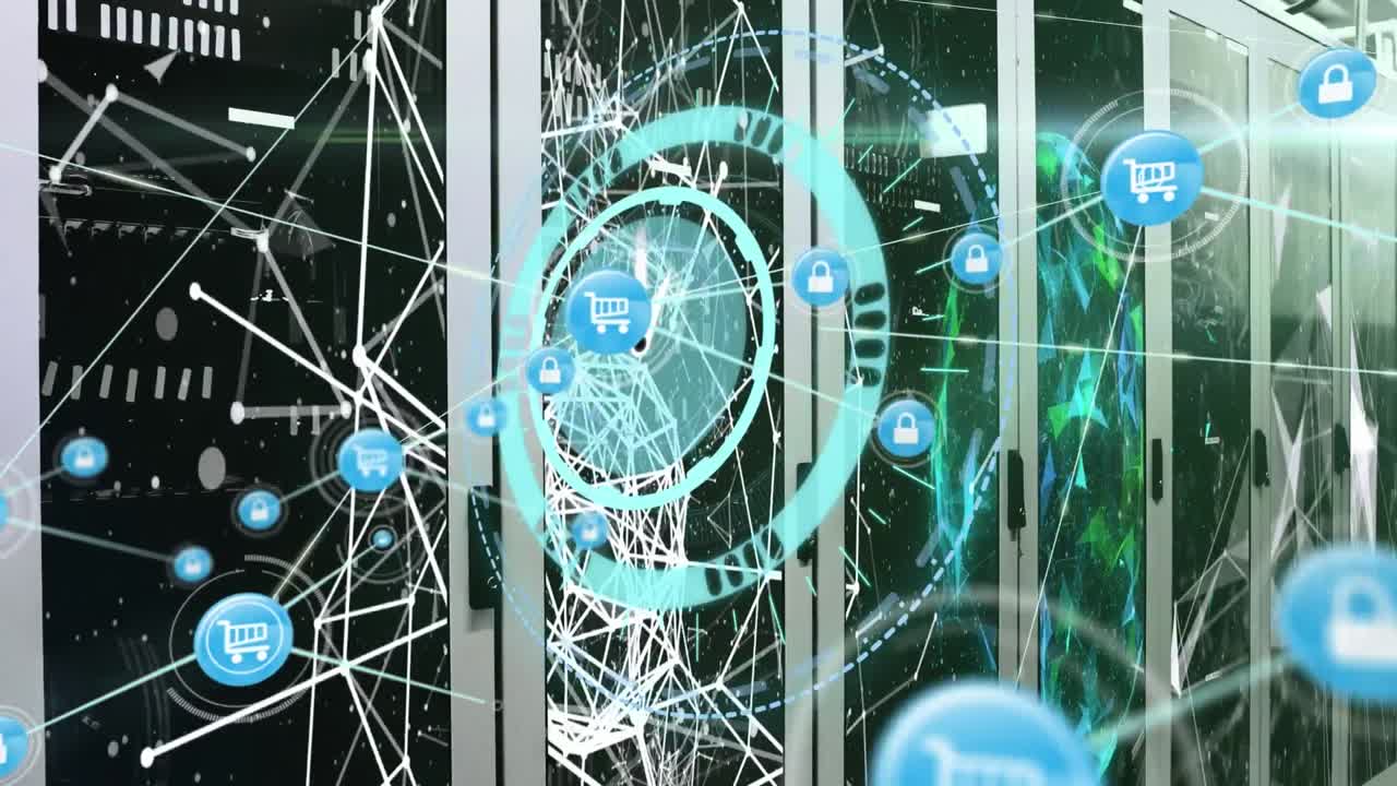 animación de la red de conexión con iconos y reloj sobre la sala del servidor