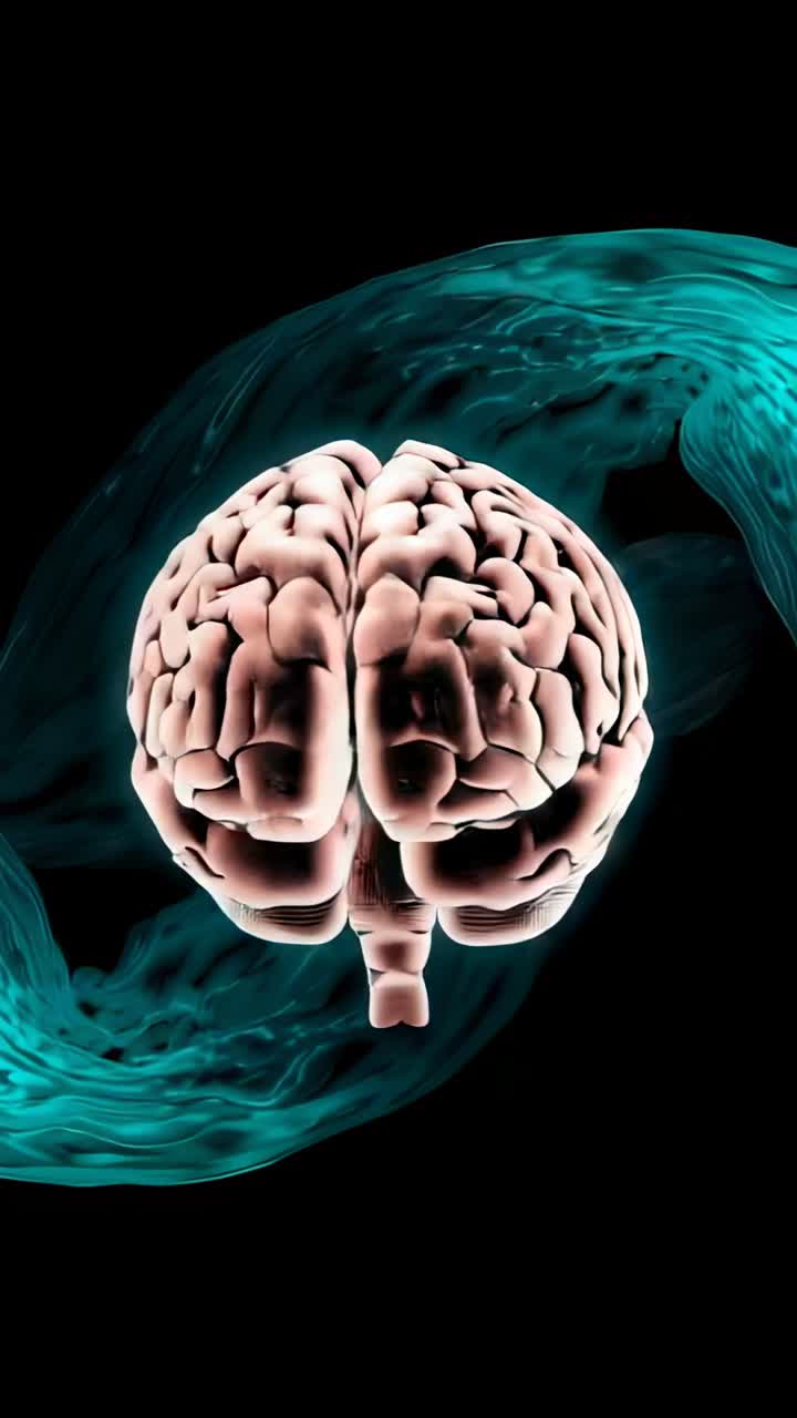 Vertical video: Starting 3D brain model rotating anticlockwise on black void, with turquoise swirl