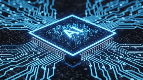 examining the evolution of artificial intelligence: a glowing circuit board with an ai chip at its center, showcasing modern technology and innovation