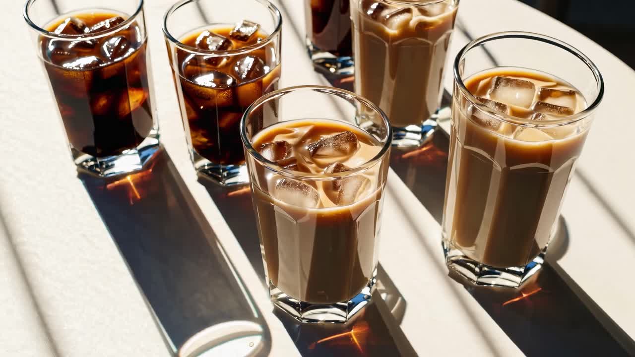 太陽が降り注ぐテーブルに影を落とすアイスコーヒーグラスの真上からのアングル。温かい雰囲気を作り出します。