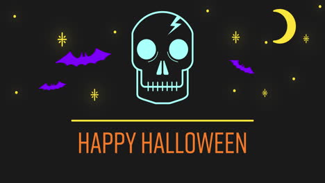 feliz texto de halloween contra el cráneo, murciélagos y luna sobre fondo negro