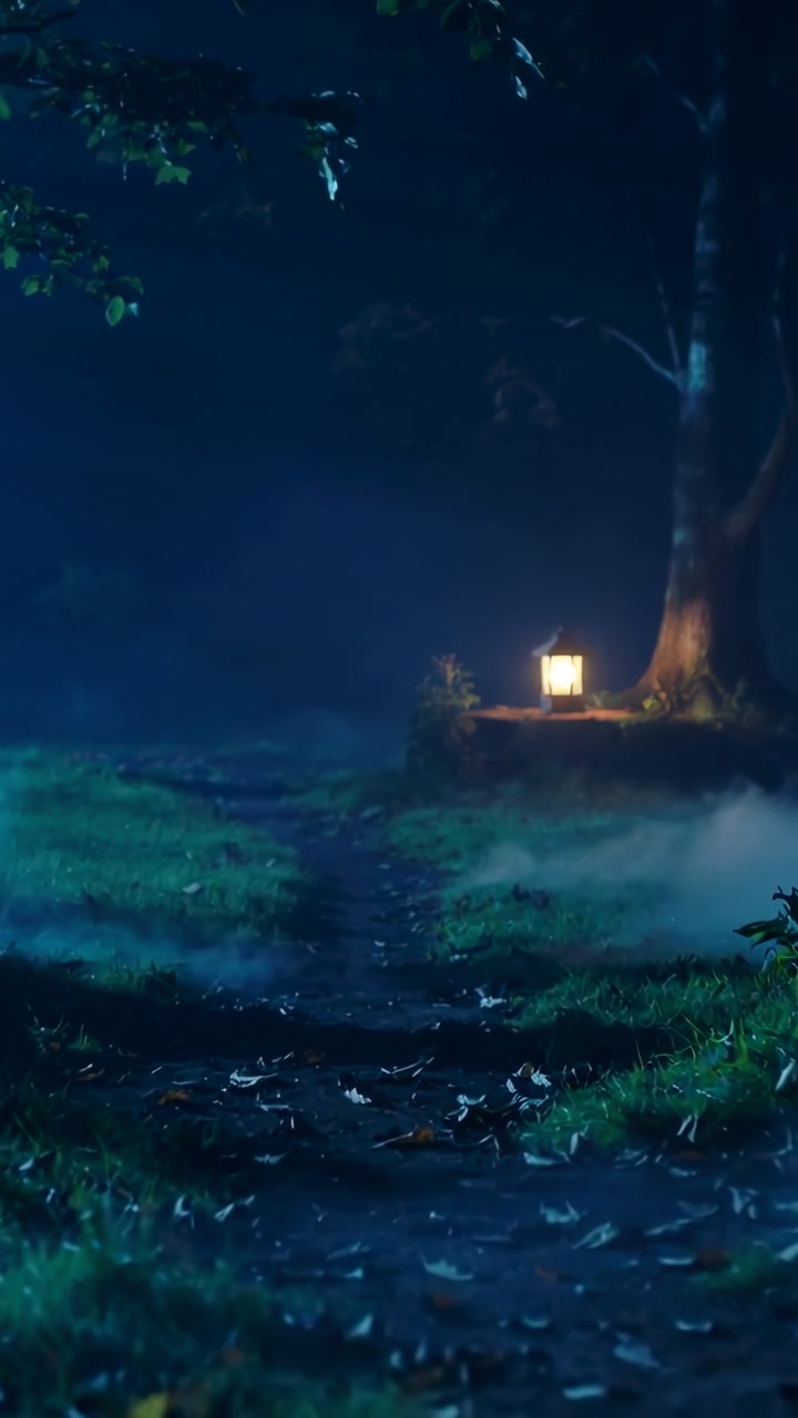 Vertical video: Cool air pushing ground fog across forest path at night, lantern casting warm light