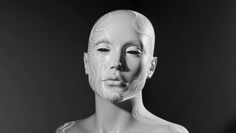 white lines resembling contour maps are drawn on a female mannequin head against a dark background, creating an artistic representation of artificial intelligence and facial recognition technology