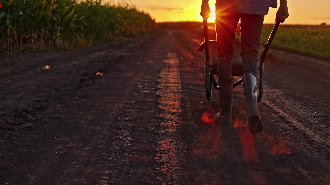 Farmer pushing wheelbarrow on a dirt road at sunset