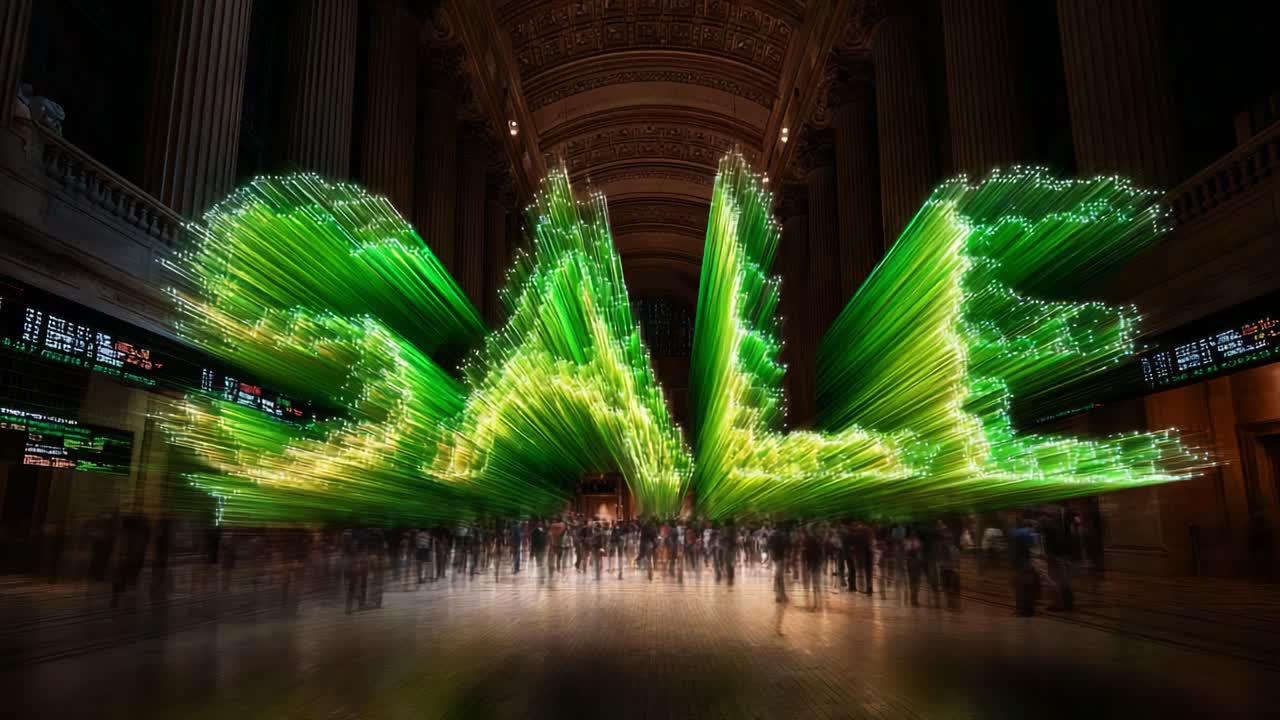 Dynamic Display of a Bright Green 'Sale' Announcement Illuminating the Busy Venue, Capturing the Energy of Shoppers in Motion Within a Vibrant, Festive Atmosphere