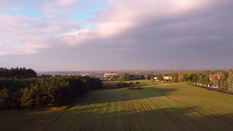 Elevándose-Desde-Un-Campo-De-Cereales-De-Invierno-Para-Mirar-Desde-Arriba-Un-Verde-Paisaje-Suburbano