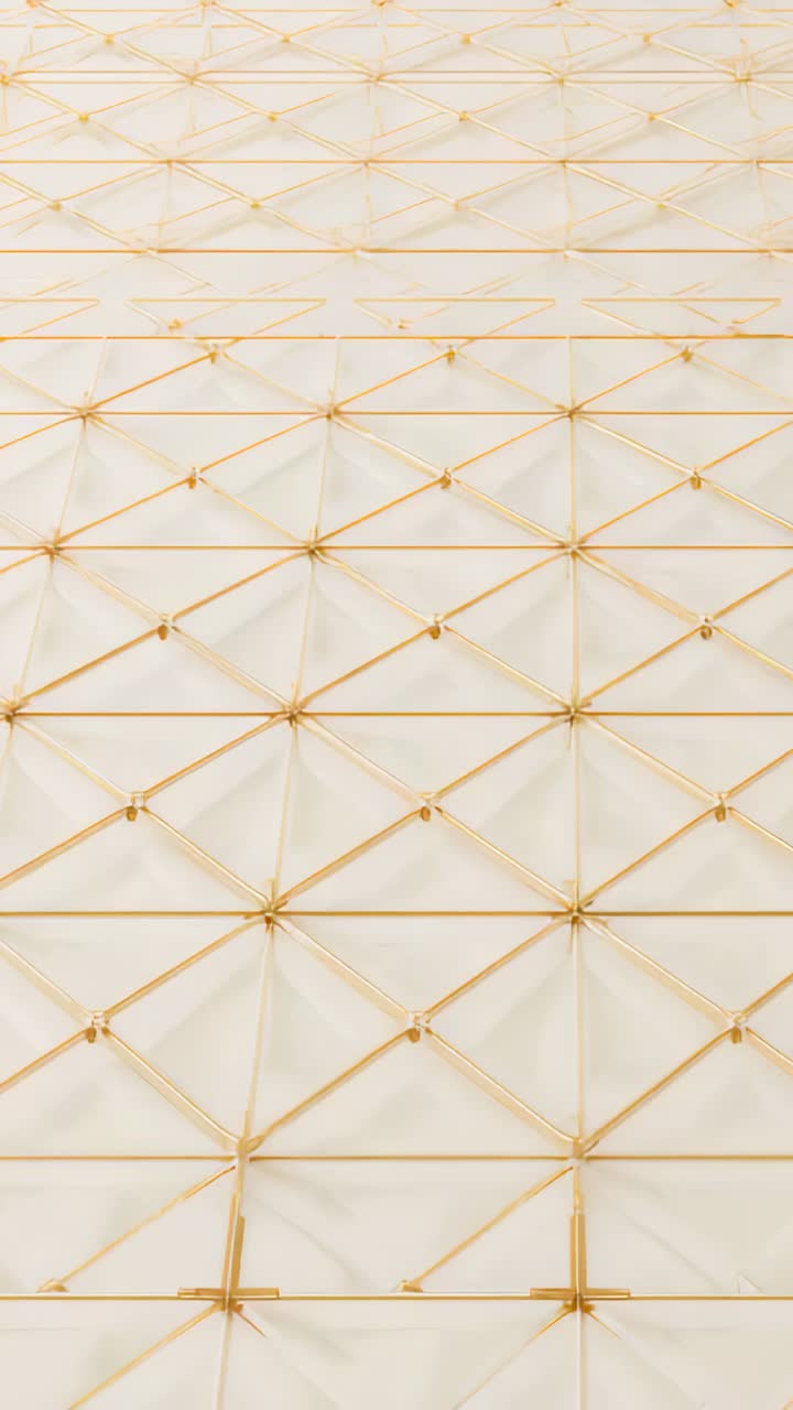 Vertical video: Panning camera moving upward, revealing gold lattice with rivets on pale lobby wall