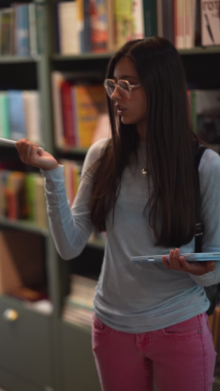 mujer en la biblioteca con una computadora portátil