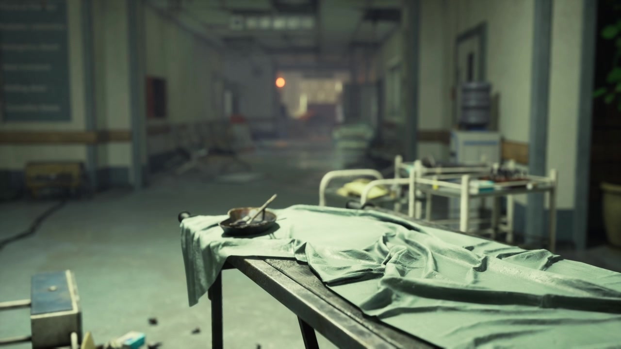 Flickering lights cast shadows over dormant hospital machinery