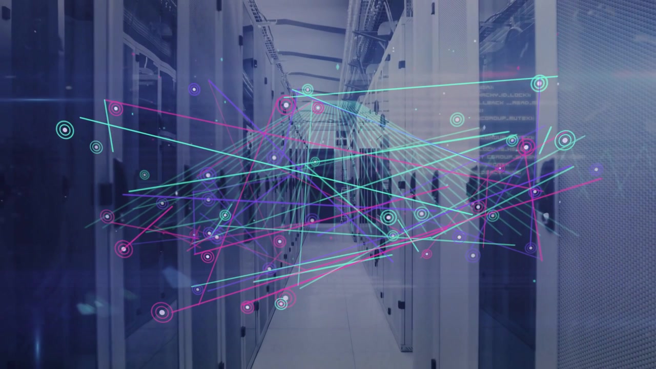Server-rack aisle visualizing data-center load, data feed starting nodes and lines multiplying