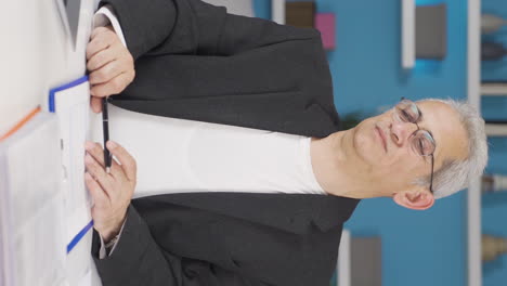 홈 오피스 근로자의 수직 비디오 남자는 신체적으로 기분이 좋습니다.