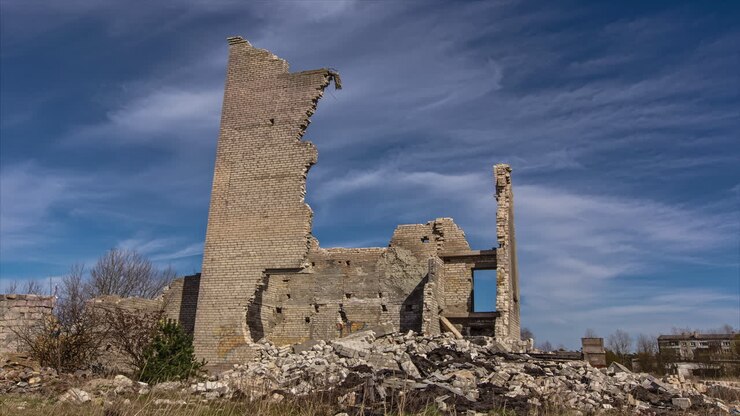 Vídeo em time-lapse de nuvens passando no céu azul atrás de uma antiga muralha de castelo em ruínas durante um dia ensolarado.