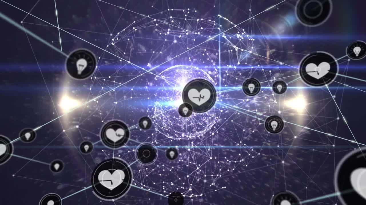 빛나는 반점이 있는 전 세계에 있는 아이콘으로 연결된 네트워크의 애니메이션