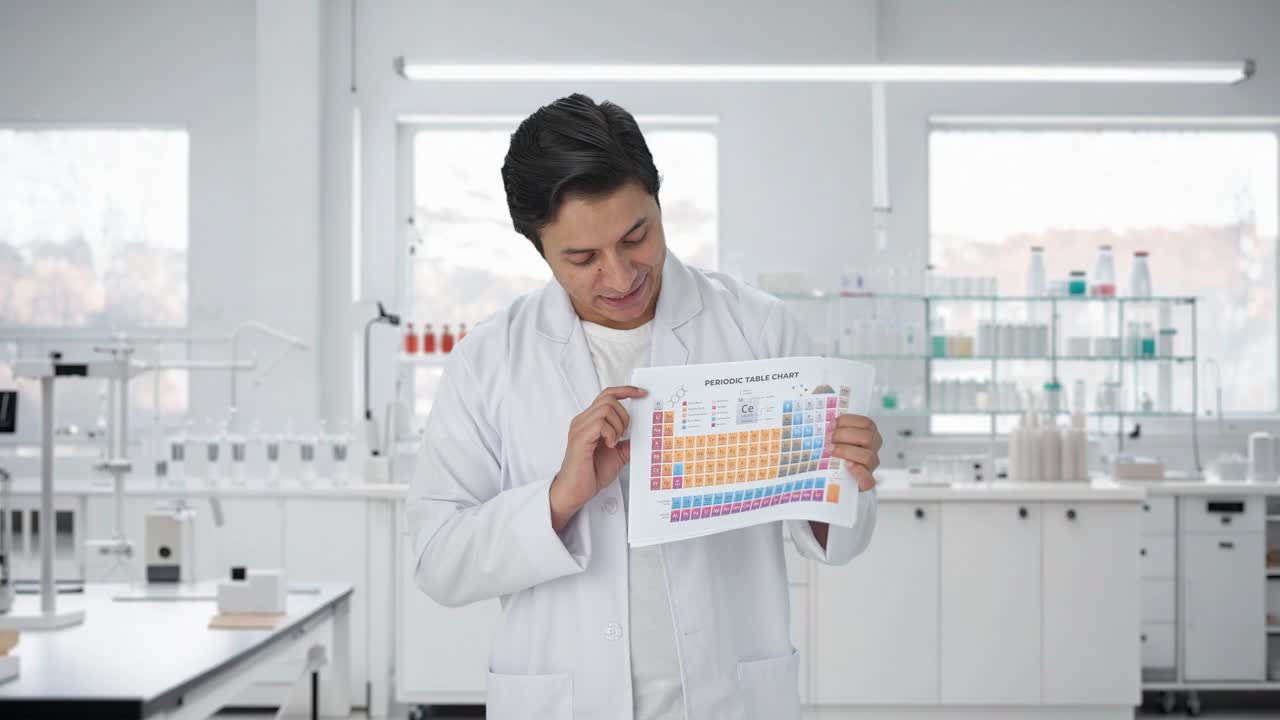 científico indio feliz explicando la tabla periódica