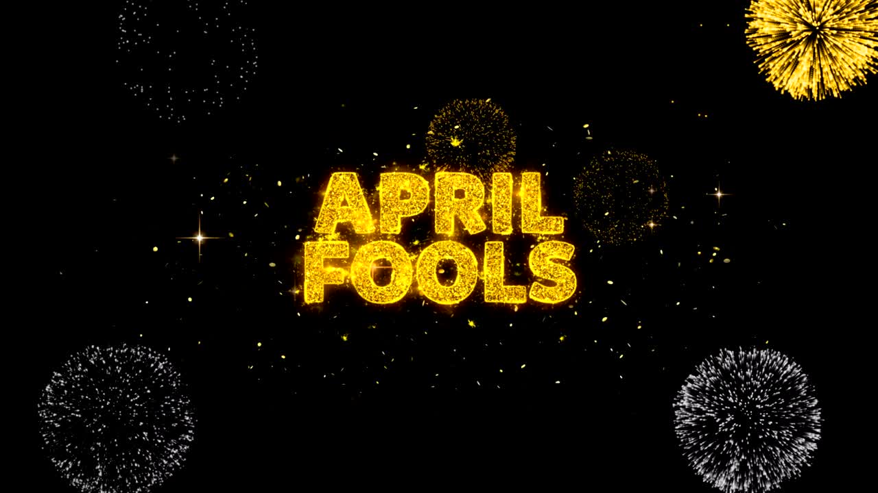 4월의 속임수 텍스트는 반이는 황금 입자 불꽃놀이를 보여줍니다.